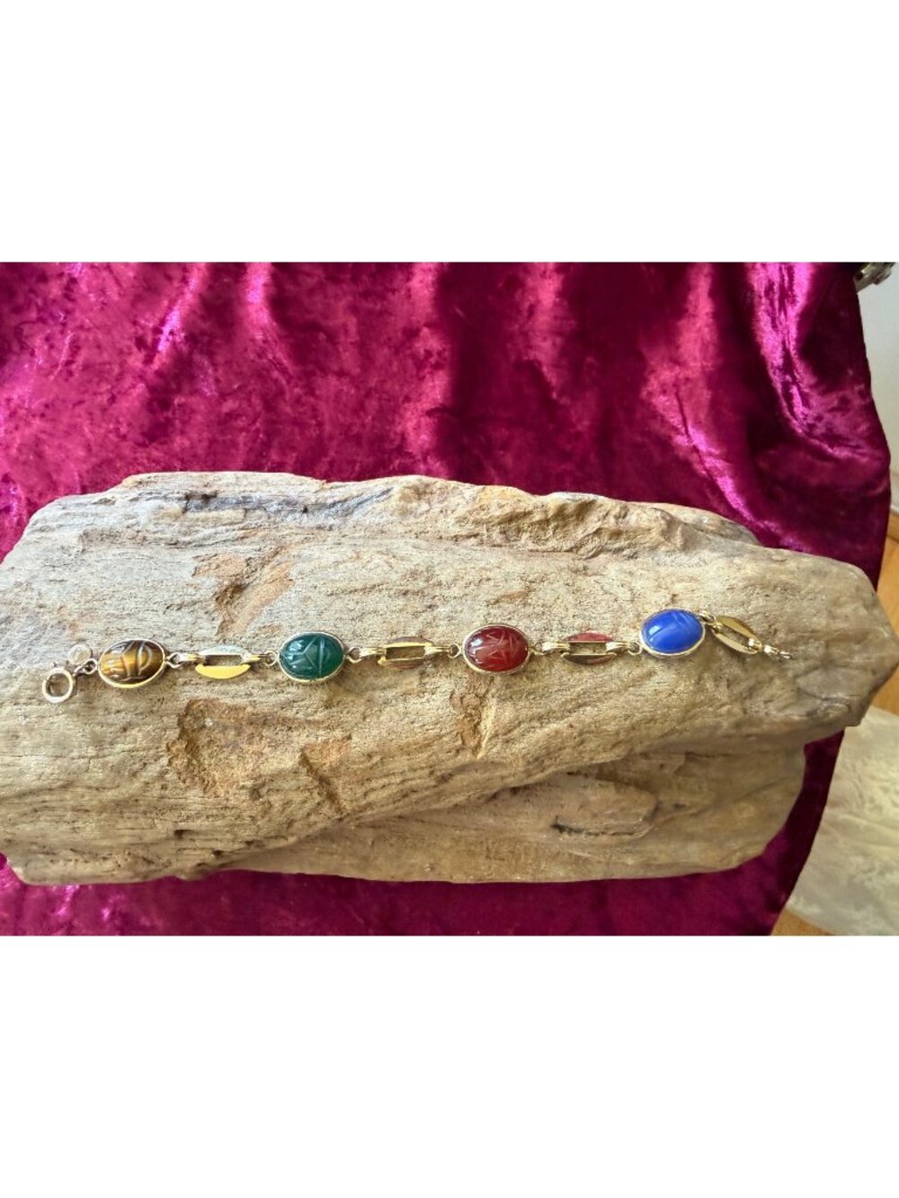 Real Stone Scarab 12K Gold-Filled 7-Inch Bracelet Oval Multicolor Gemstones